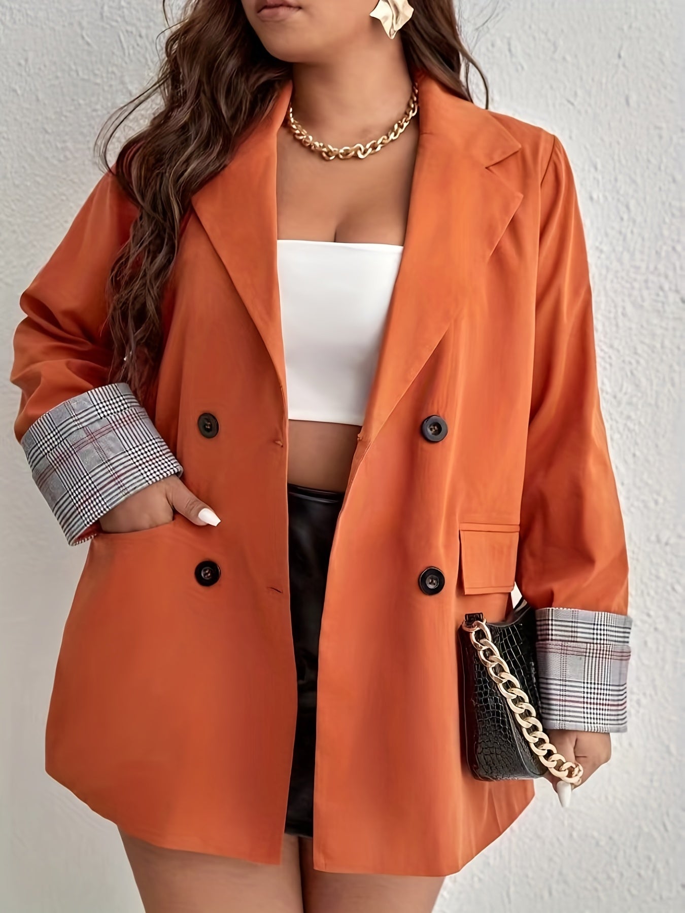  Colorblock Plaid Print Long Sleeve Workwear Blazer