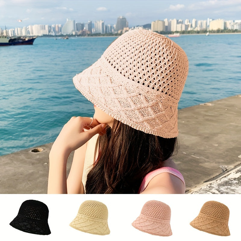 Hollow Crochet Breathable Sun Hat Solid Bucket Hat Thin Cloche Hats
