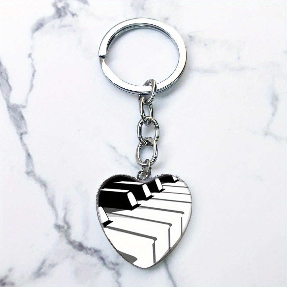 Piano Keys Music Notes Key Chain Heart Shaped Glass Gem Pendant Keyring