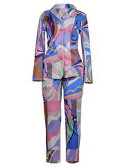  Casual Suit Set Women's Plus Allover Print Blazer & Pants Suit
