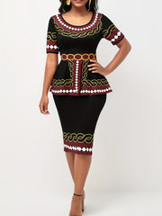 Abstract Print Casual Two Piece Set Short Sleeve Tops & Midi Skirts