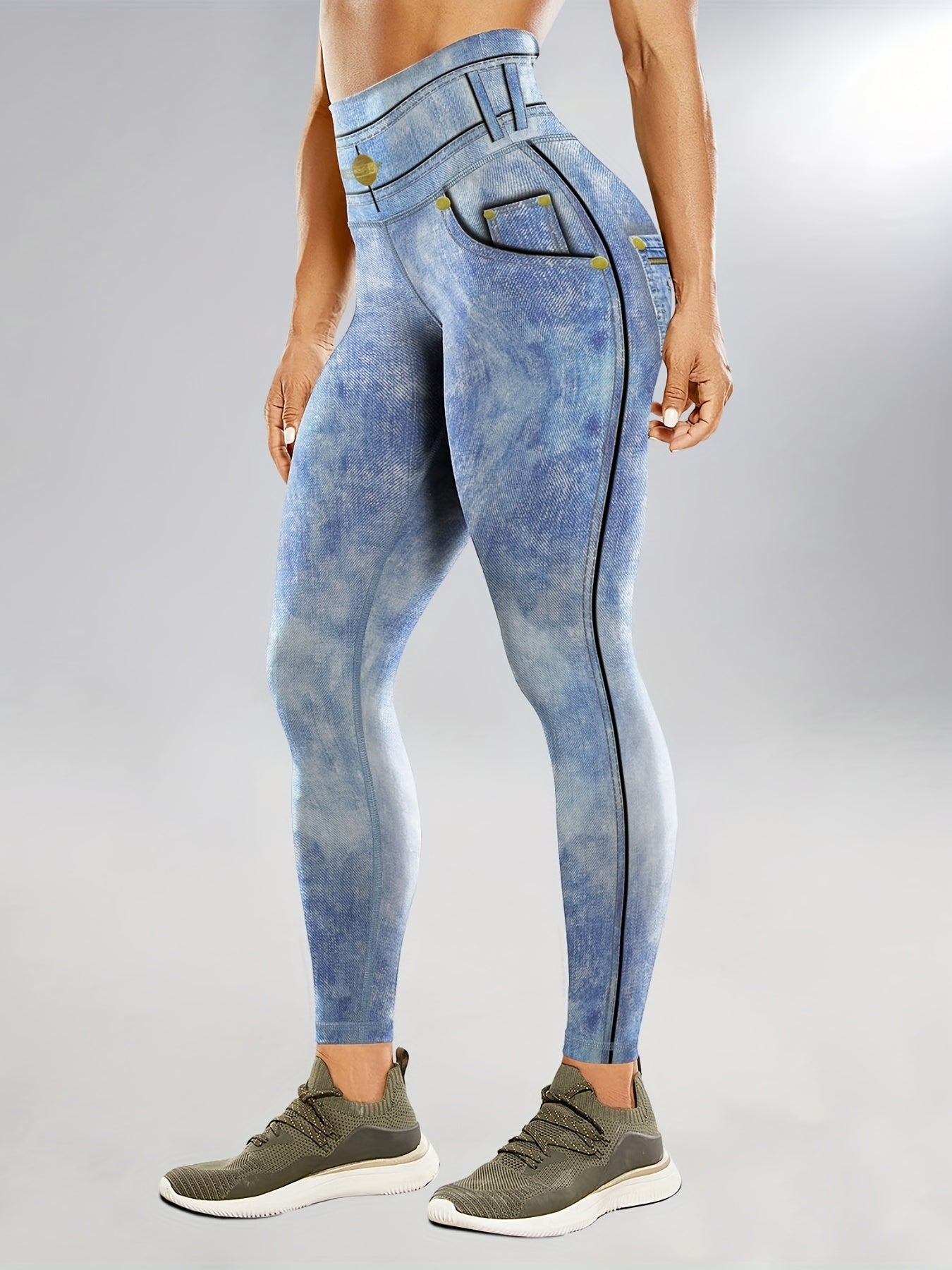 Faux Denim Print Yoga Leggings High Waist Butt Lifting Tummy Control