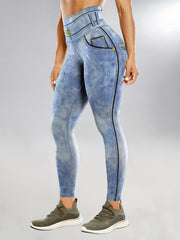 Faux Denim Print Yoga Leggings High Waist Butt Lifting Tummy Control