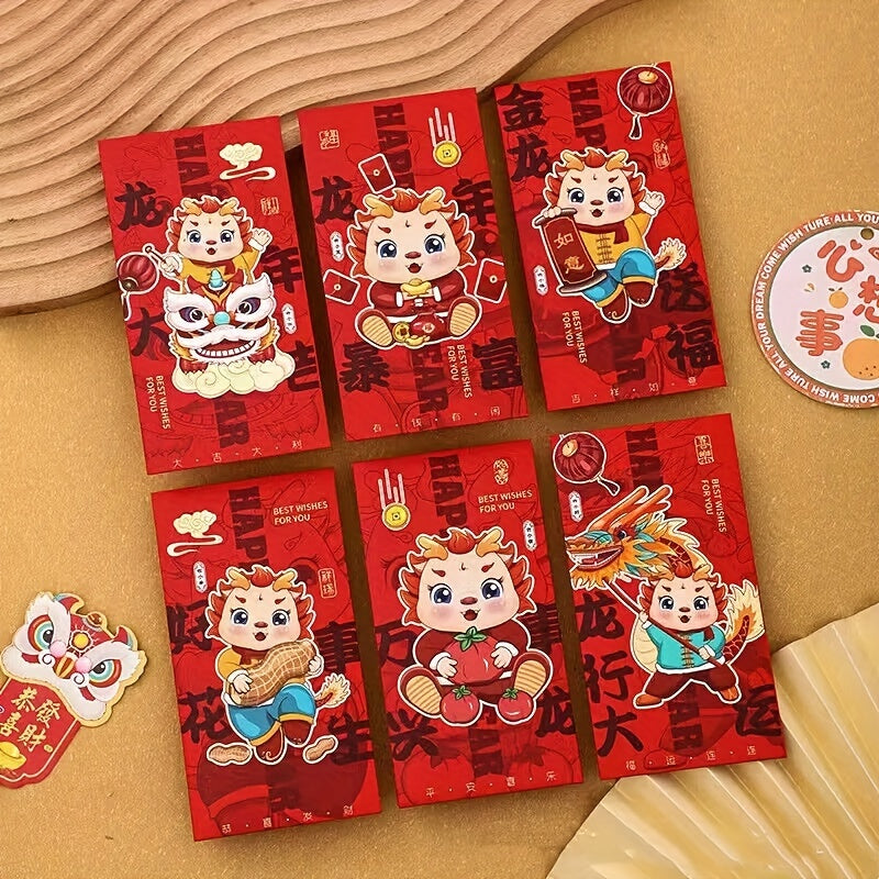 6pcs Large Dragon Year Red Envelopes Cartoon Three-dimensional Red Envelopes