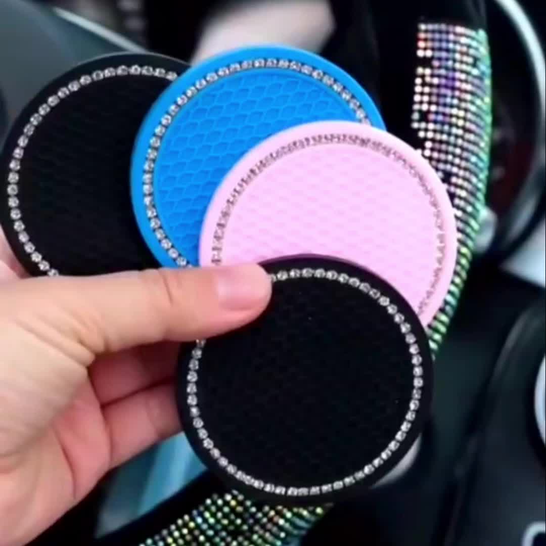 2pcs Sparkly Car Cup Coasters 6 2 75inch Anti Slip & Crystal Rhinestone