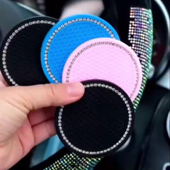 2pcs Sparkly Car Cup Coasters 6 2 75inch Anti Slip & Crystal Rhinestone