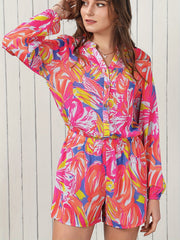 Abstract Print Button Front Romper Casual V Neck Long Sleeve