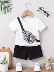 Preppy Kids Bear Graphic T-shirt & Plaid Shorts Set