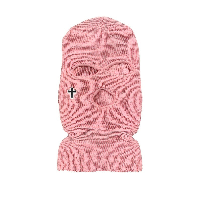 Cross Embroidered Three Hole Balaclava Hat Ski Mask