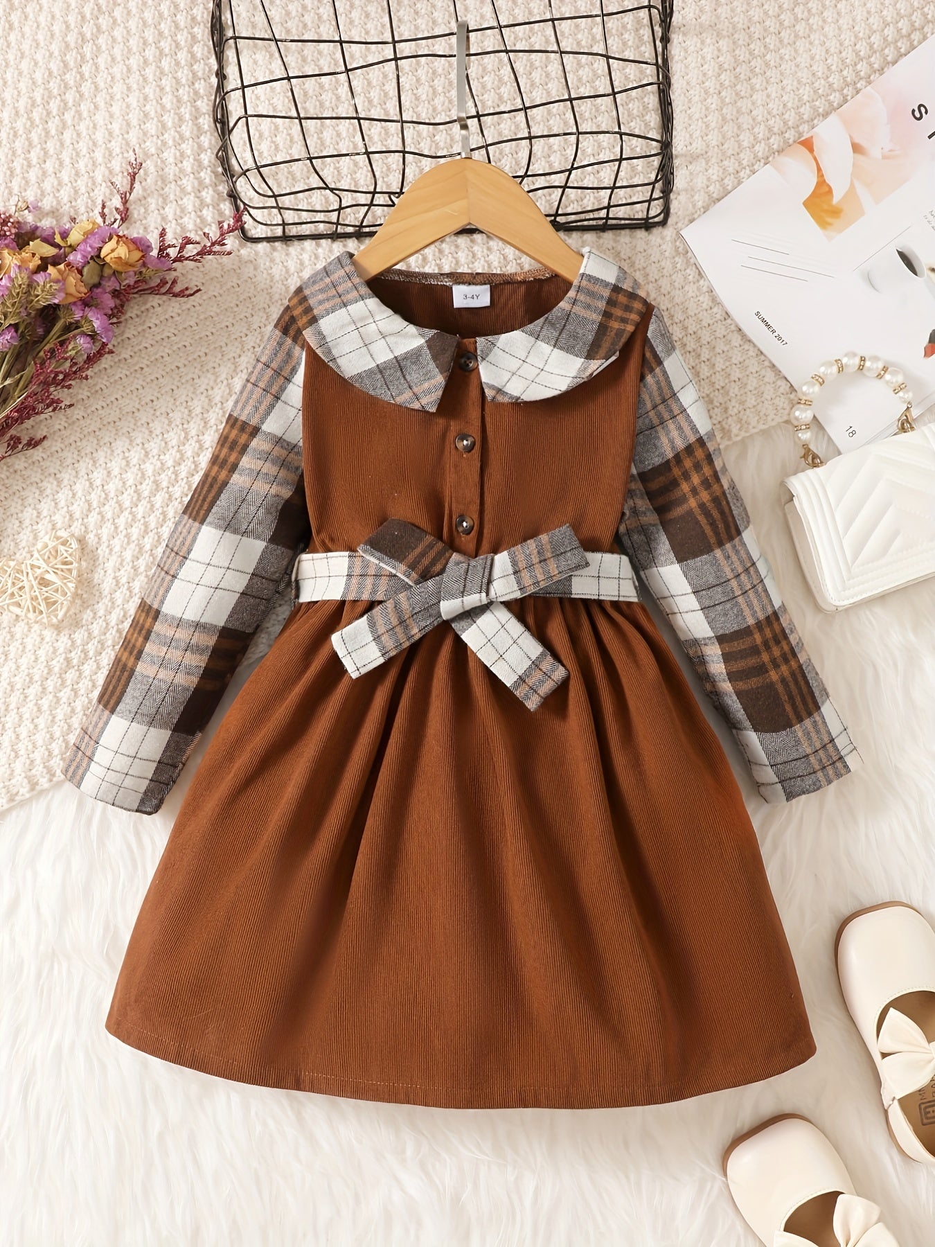 Plaid Contrast Doll Collar Long Sleeve Dress For Girls