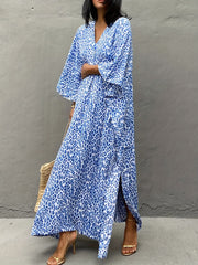  Leopard Print V Neck Maxi Beach Cover Up