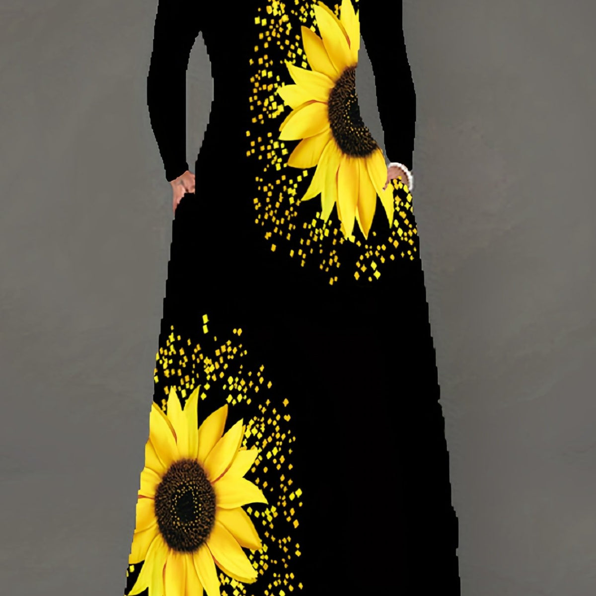  Graphic Print Maxi Dress V-Neck Long Sleeve With Pockets
