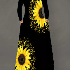  Graphic Print Maxi Dress V-Neck Long Sleeve With Pockets