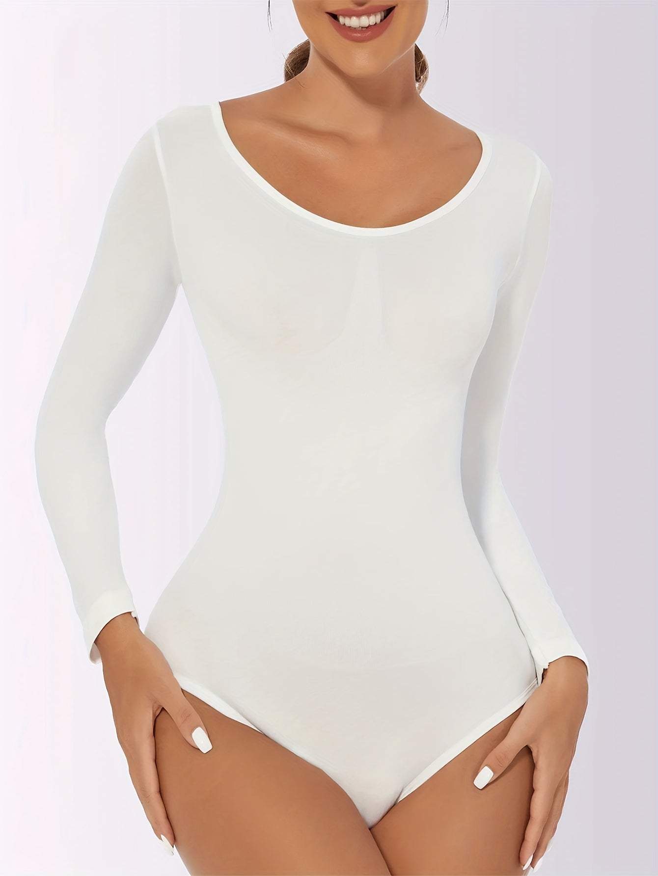 Seamless Solid Shaping Bodysuit Long Sleeve Crew Neck Slimming Body Shaper