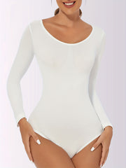 Seamless Solid Shaping Bodysuit Long Sleeve Crew Neck Slimming Body Shaper
