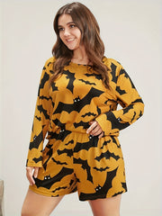  Gothic Loungewear Set Bat Print Crew Neck Tee & Shorts Pajamas