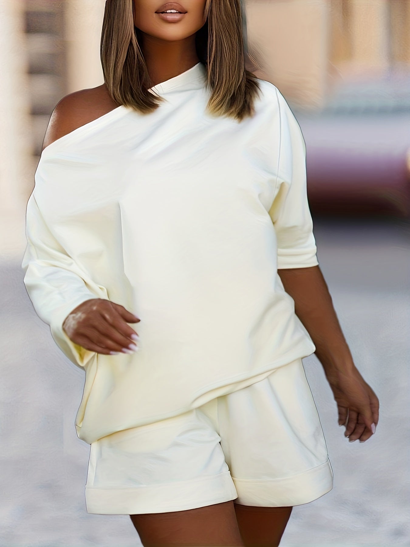 Women's Plus Solid One Shoulder Tee & Shorts Outfit Set
