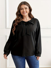  Solid Tie Front Lantern Sleeve Blouse