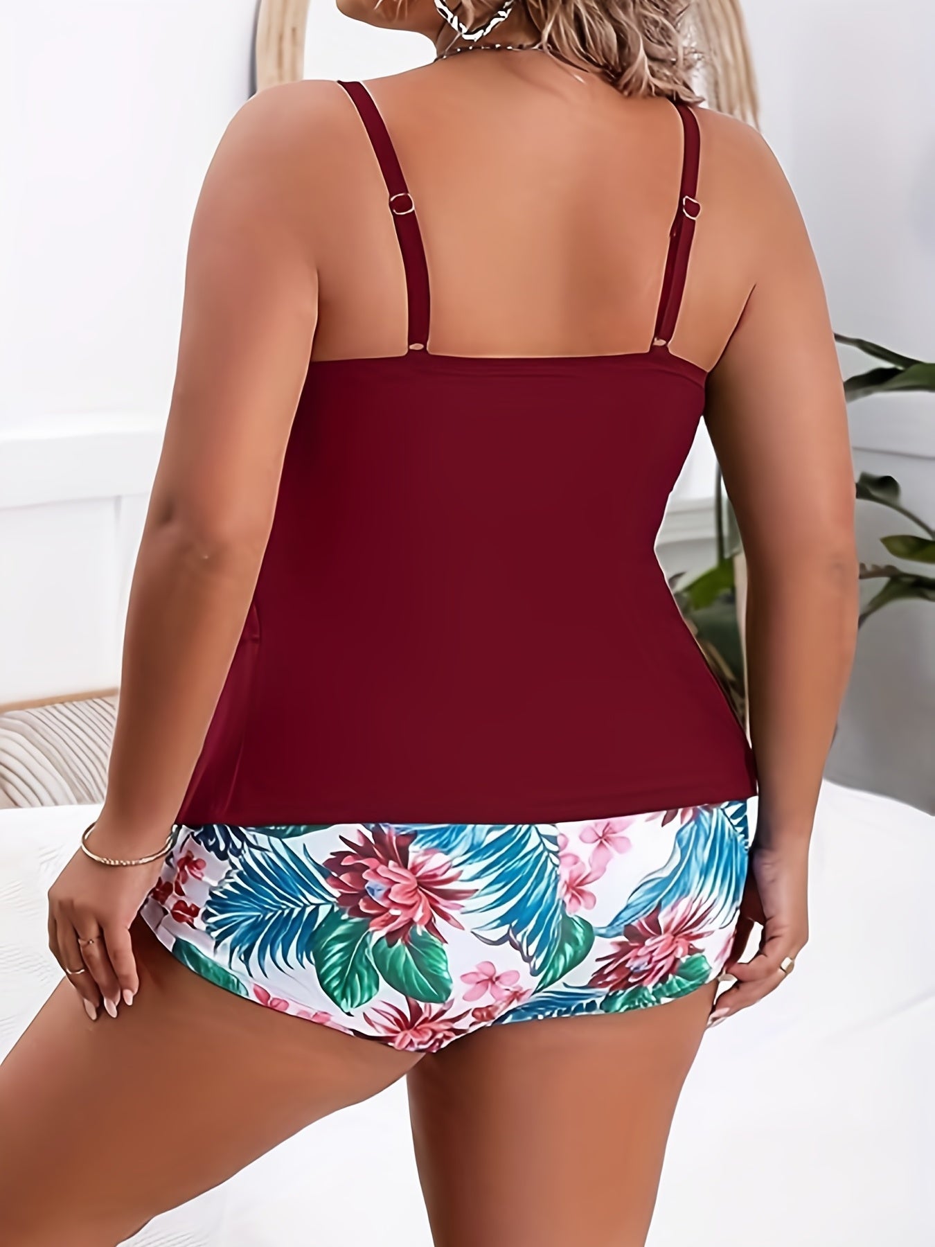  Sexy Tankini Set Ruffle Trim Cami Top & Tropical Print Shorts Swimsuit