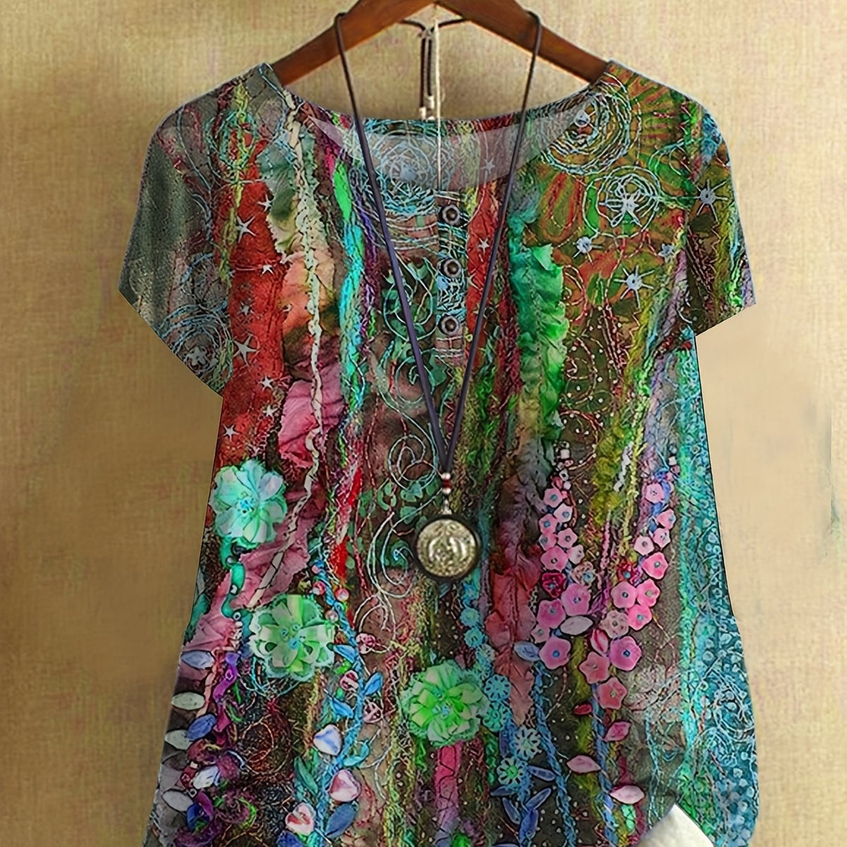  Floral Print Button Crew Neck Short Sleeve Blouse
