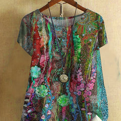  Floral Print Button Crew Neck Short Sleeve Blouse
