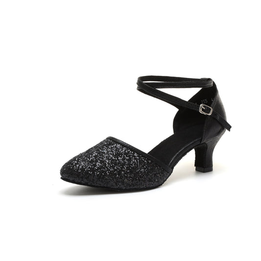 Sequined Latin Dance Shoes with Ankle Straps & Kitten Heels
