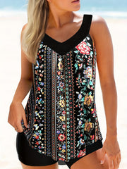  Floral & Striped V Neck Tankini Set