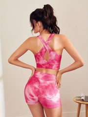 Honeycomb Tie Dye Yoga Set V Neck Sports Bra and Shorts