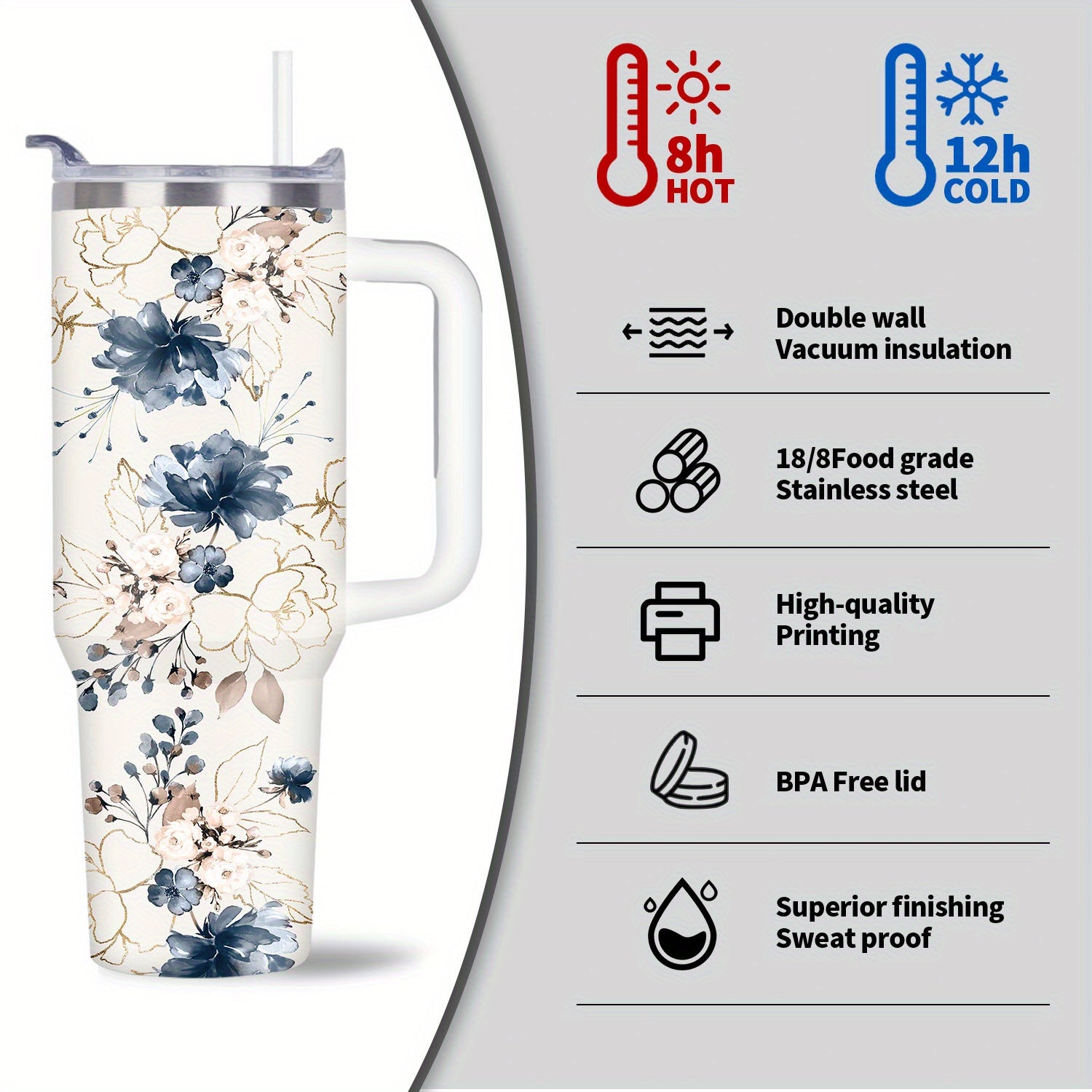 40oz Floral Stainless Steel Tumbler Insulated Coffee Mug
