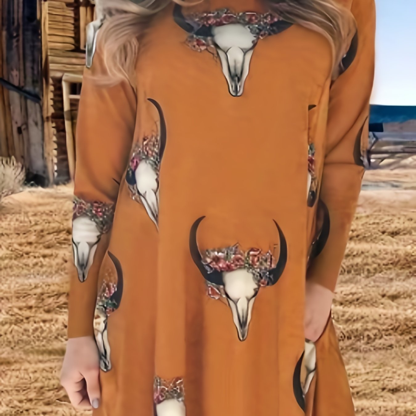 Plus Size Western Style Dress Women's Plus Floral Bull Skull Print Long Sleeve