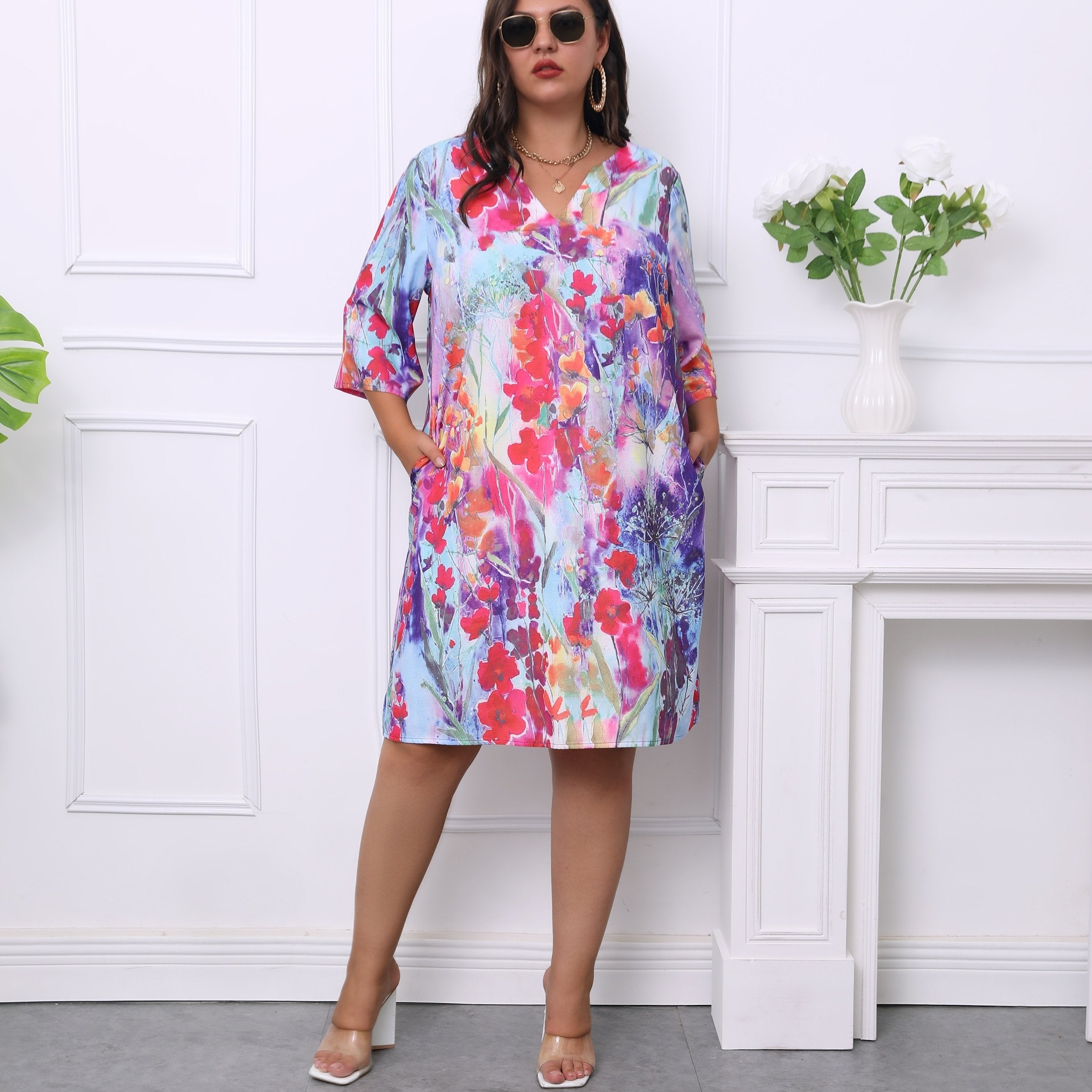 Floral Print Half Sleeve Tee Dress With Pockets