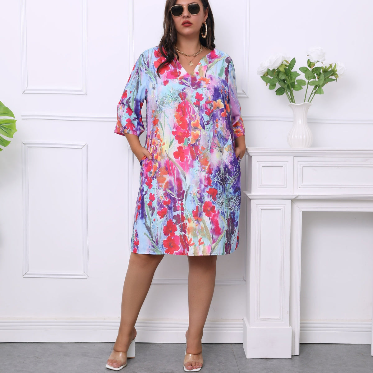 Floral Print Half Sleeve Tee Dress With Pockets