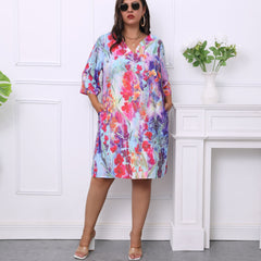 Floral Print Half Sleeve Tee Dress With Pockets