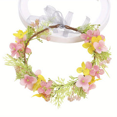 Floral Bridal Flower Crown Headband with Leaf Wreath & Pink Yellow Flowers