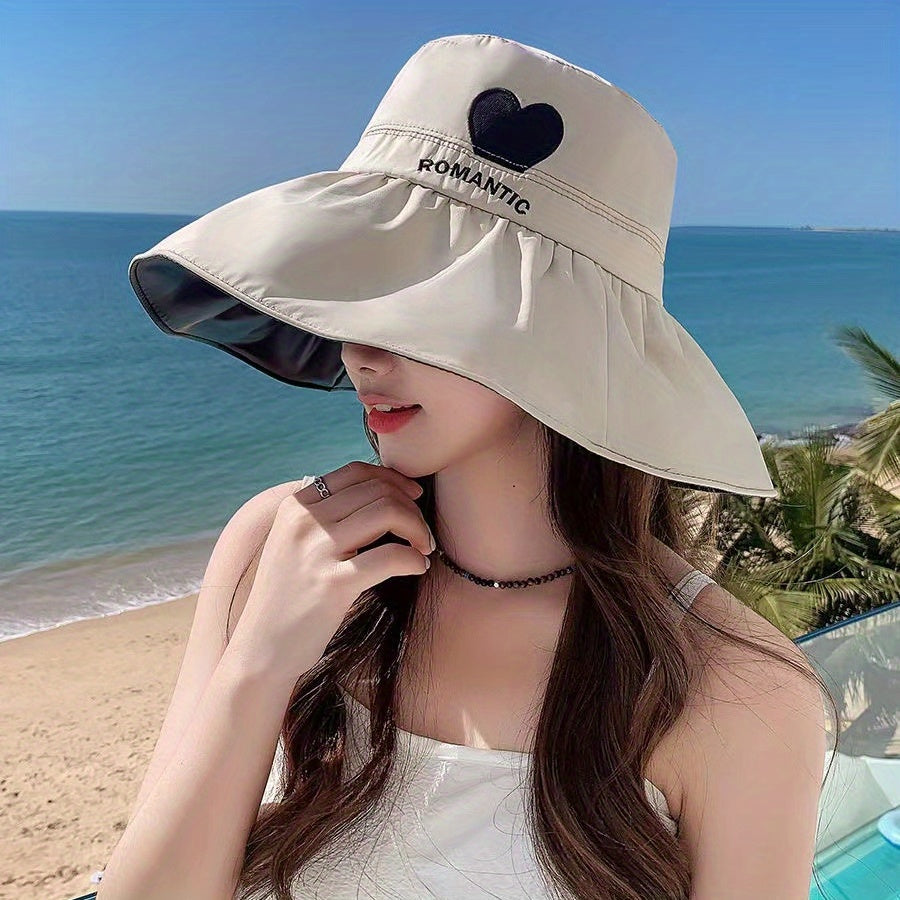 Romantic Heart Embroidery Sun Hat UV Protection Wide Brim Bucket Hat
