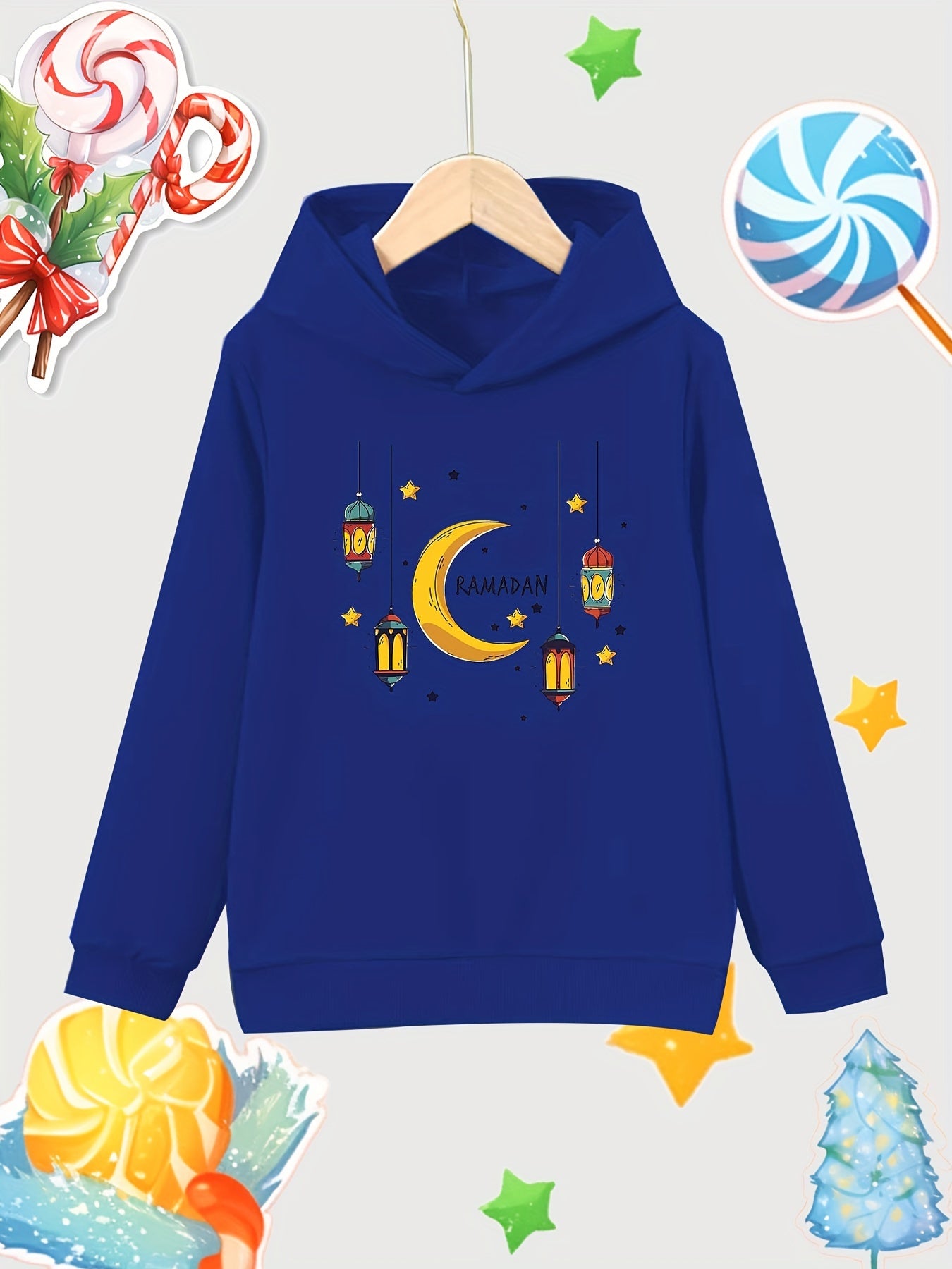Stars Moon Lantern Print Girls Pullover Hooded Sweatshirt