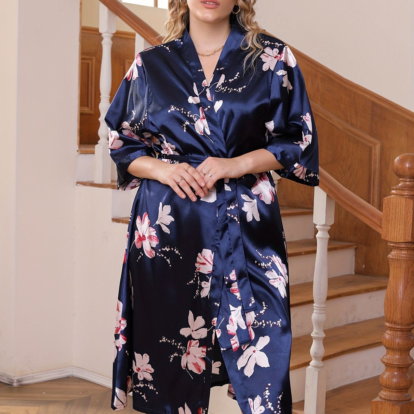  Sexy Nightgown Women's Plus Floral Print Satin Bathrobe
