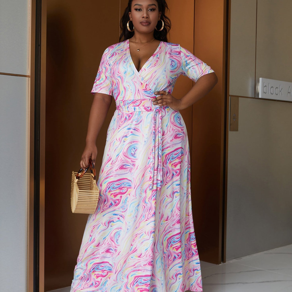  Marble Print Waist Wrap Maxi Dress V Neck Boho Long Dress