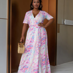  Marble Print Waist Wrap Maxi Dress V Neck Boho Long Dress