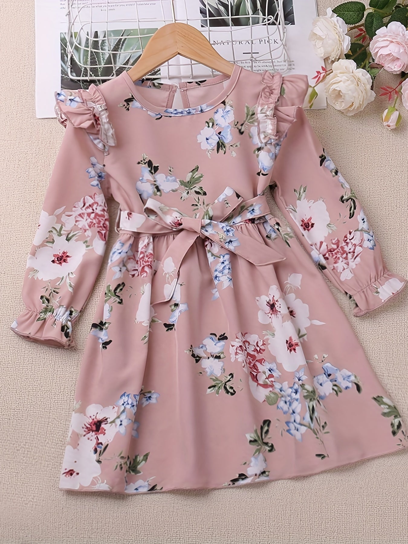 Girls Ruffle Long Sleeve Floral Print Belted Dress