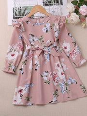 Girls Ruffle Long Sleeve Floral Print Belted Dress