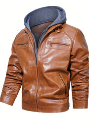 Men's Vintage Style Pu Hooded Jacket Zip Up Faux Leather Coat
