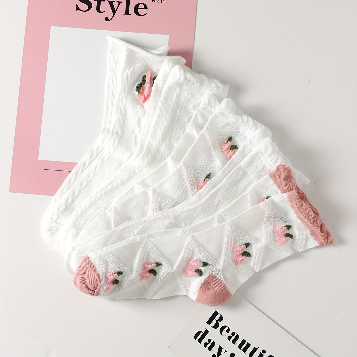 5 Pairs Floral Print Ruffle Socks for Women