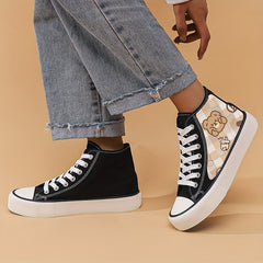Bear Print High Top Canvas Sneakers Breathable Round Toe Lace Up Skate Shoes