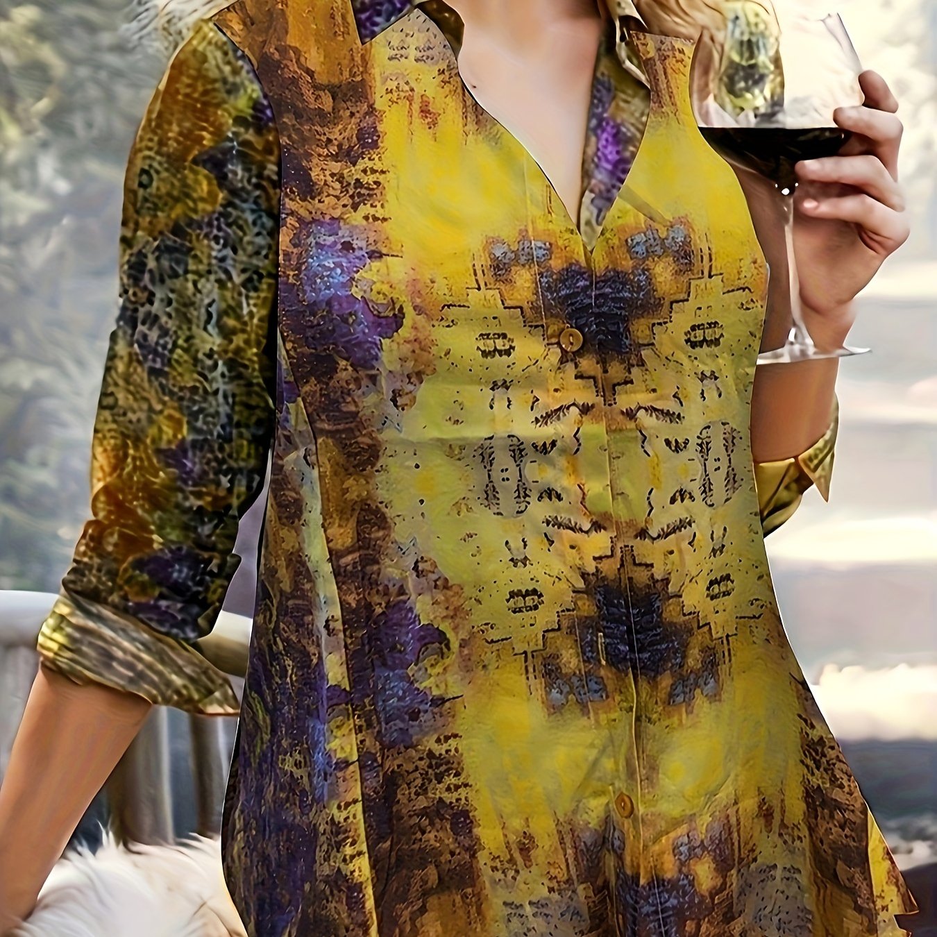 Geometric Print Distressed Blouse Button-Up Collar Shirt