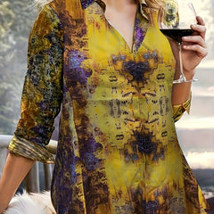 Geometric Print Distressed Blouse Button-Up Collar Shirt