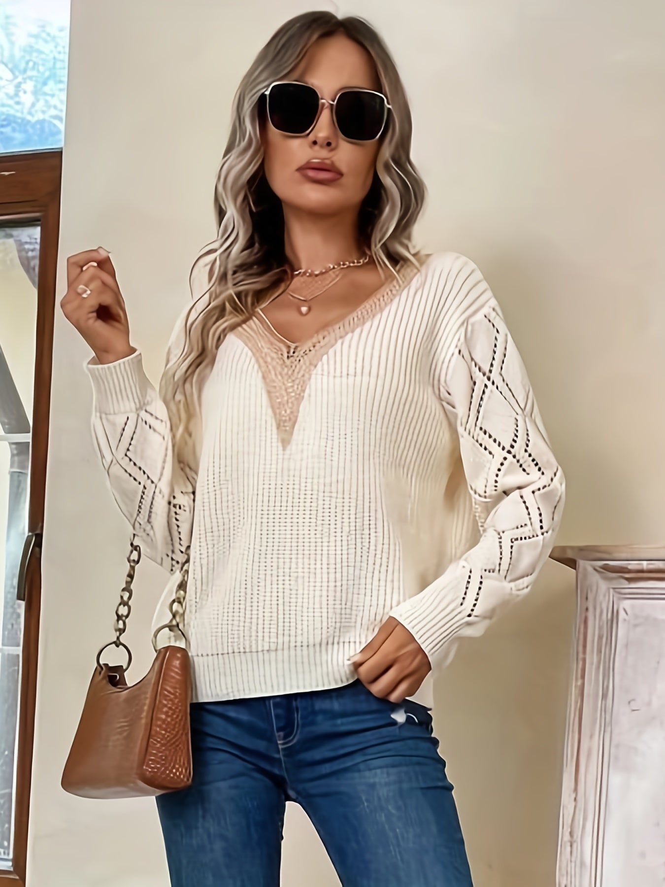  Casual Knit Top Women's Plus Solid Pointelle Applique V Neck