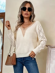  Casual Knit Top Women's Plus Solid Pointelle Applique V Neck
