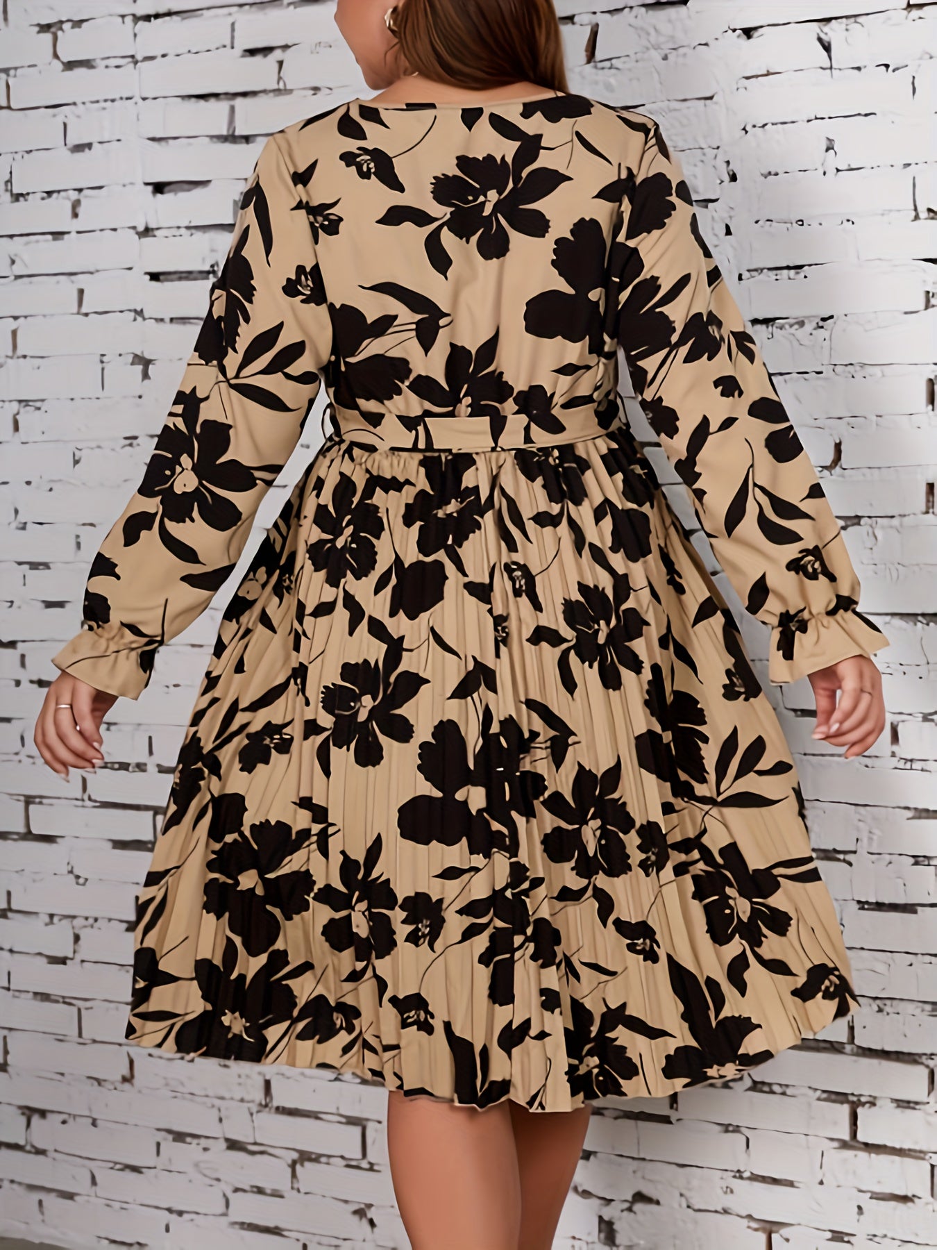 Floral Print Flounce Sleeve V Neck Pleated Dress