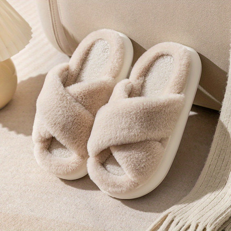 Women's Criss Cross Straps Plush Slippers Warm Indoor Shoes